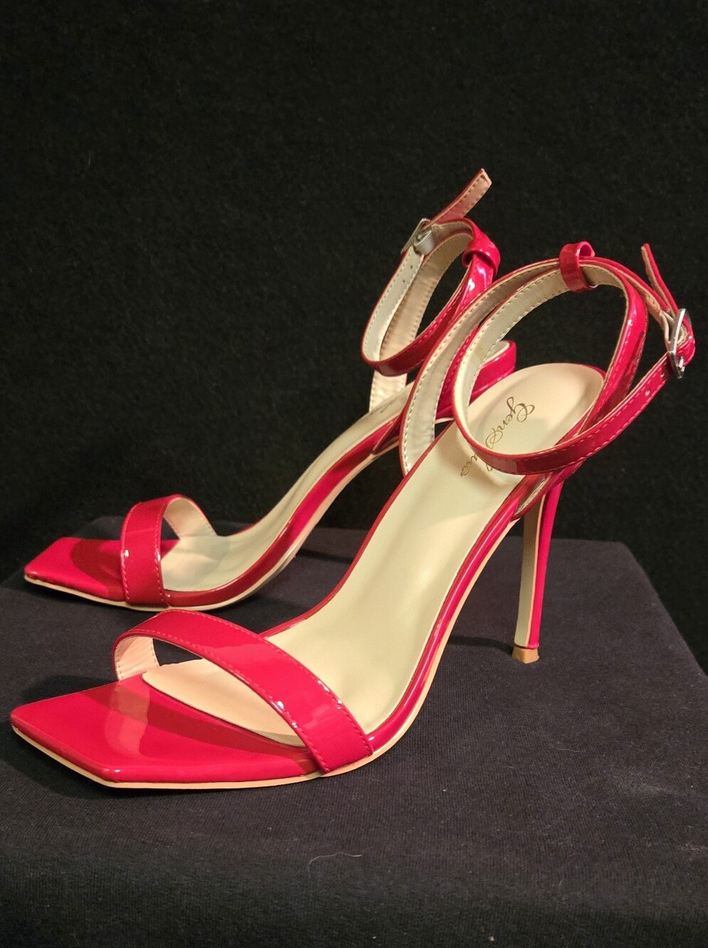 Genshuo Hot Red Patent Ankle-Strap Stiletto Heels
